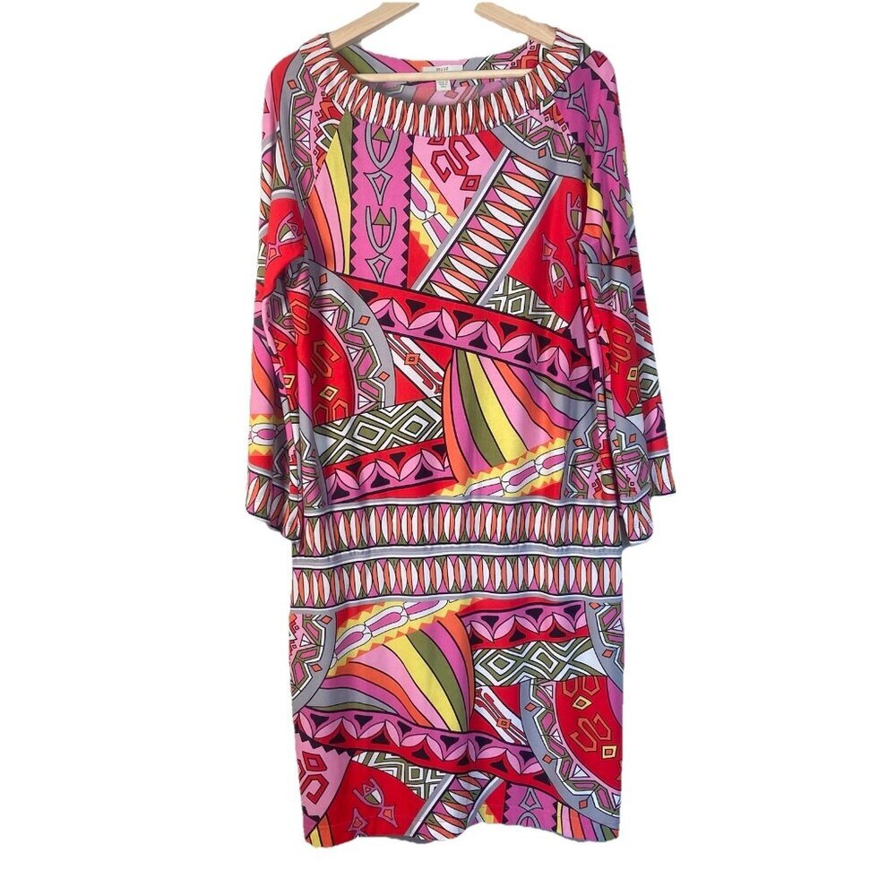 Muse Boston Proper Pink Orange Geometric‎ Shift Drop Waist Retro Dress 12 Light